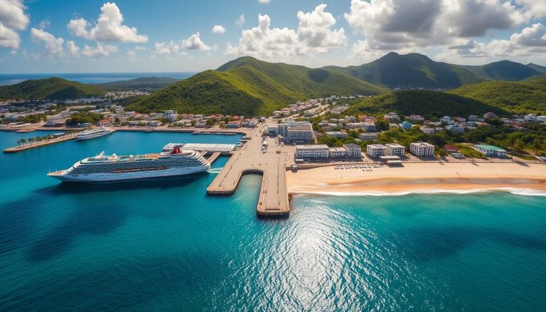 A high resolution aerial view of the Bridgetown cruise port in Barbados featuring large cruise ships
