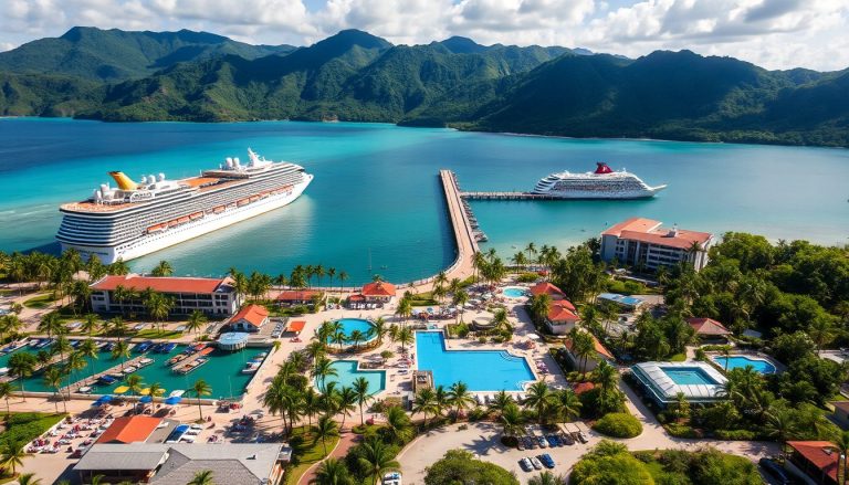 A high resolution aerial view of the port at Amber Cove Dominican Republic showing cruise ships dock
