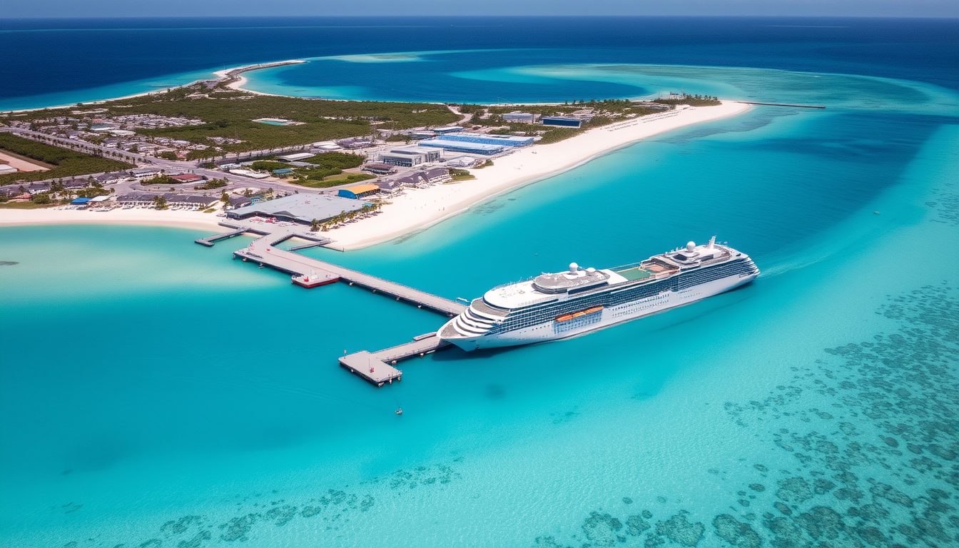 A high resolution aerial view of the port at Grand Turk Turks and Caicos featuring a long pier extention