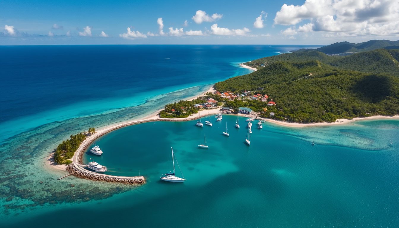 A high resolution aerial view of the port at Mayreau St Vincent and the Grenadines capturing a small port