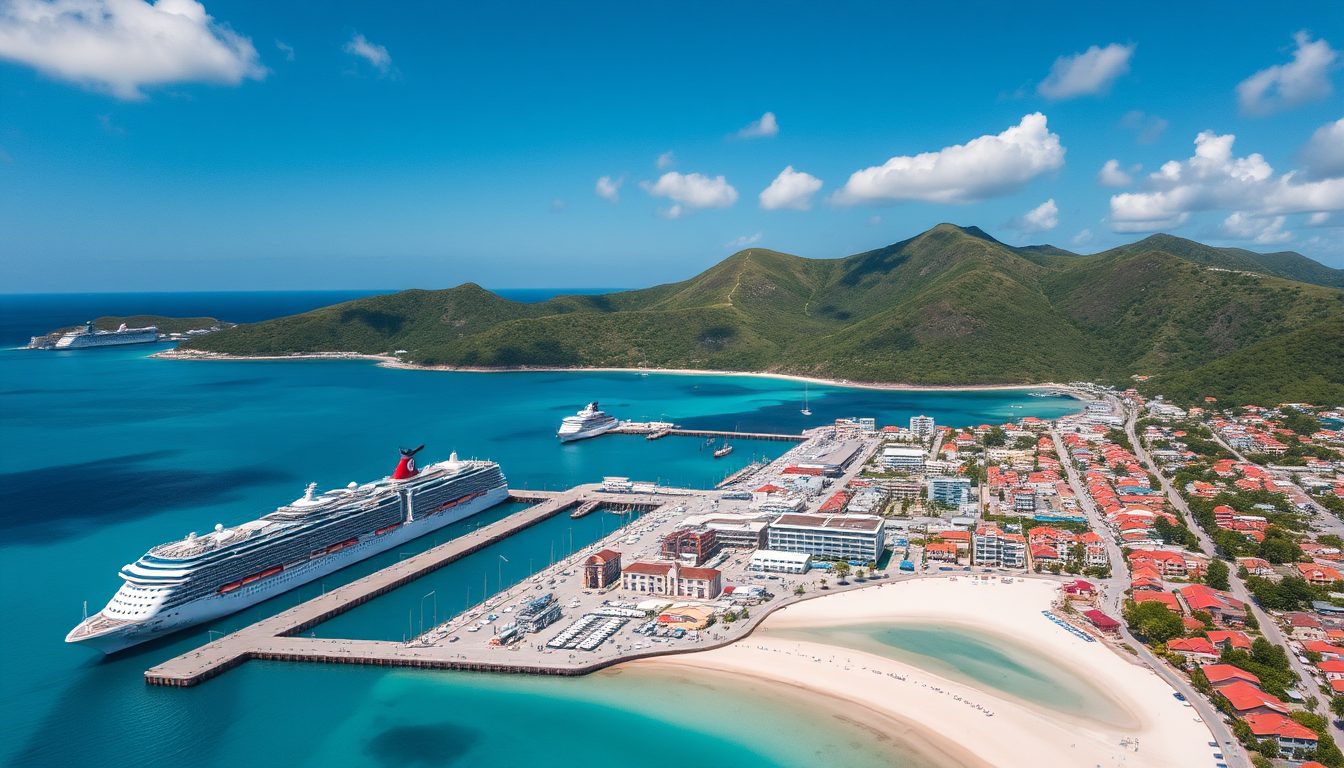 A high resolution aerial view of the port at Philipsburg St Maarten St Martin showcasing large cruise ship