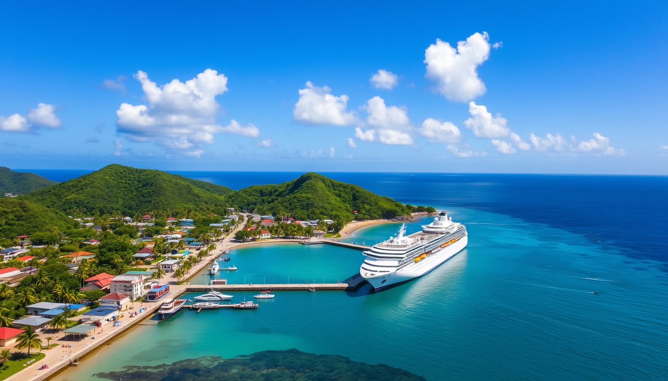 A high resolution aerial view of the port at Scarborough Tobago Trinidad and Tobago showing a small port