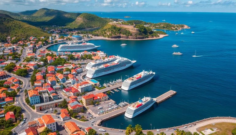 A high resolution aerial view of the port at St George s Grenada showcasing cruise ships docked at port