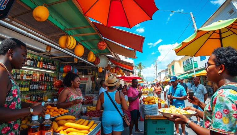 A photorealistic wide angle image of a colorful open air market in Bridgetown Barbados Tourists sample food