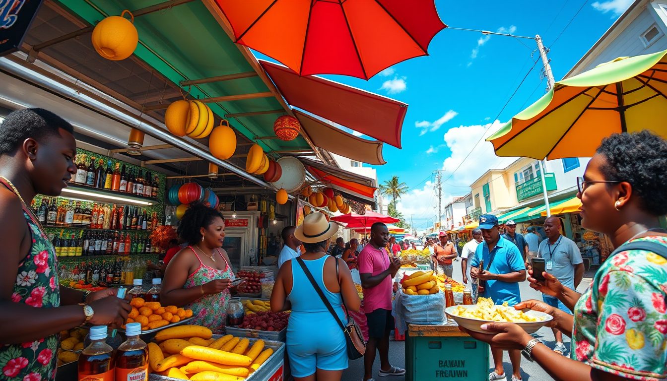 A photorealistic wide angle image of a colorful open air market in Bridgetown Barbados Tourists sample food