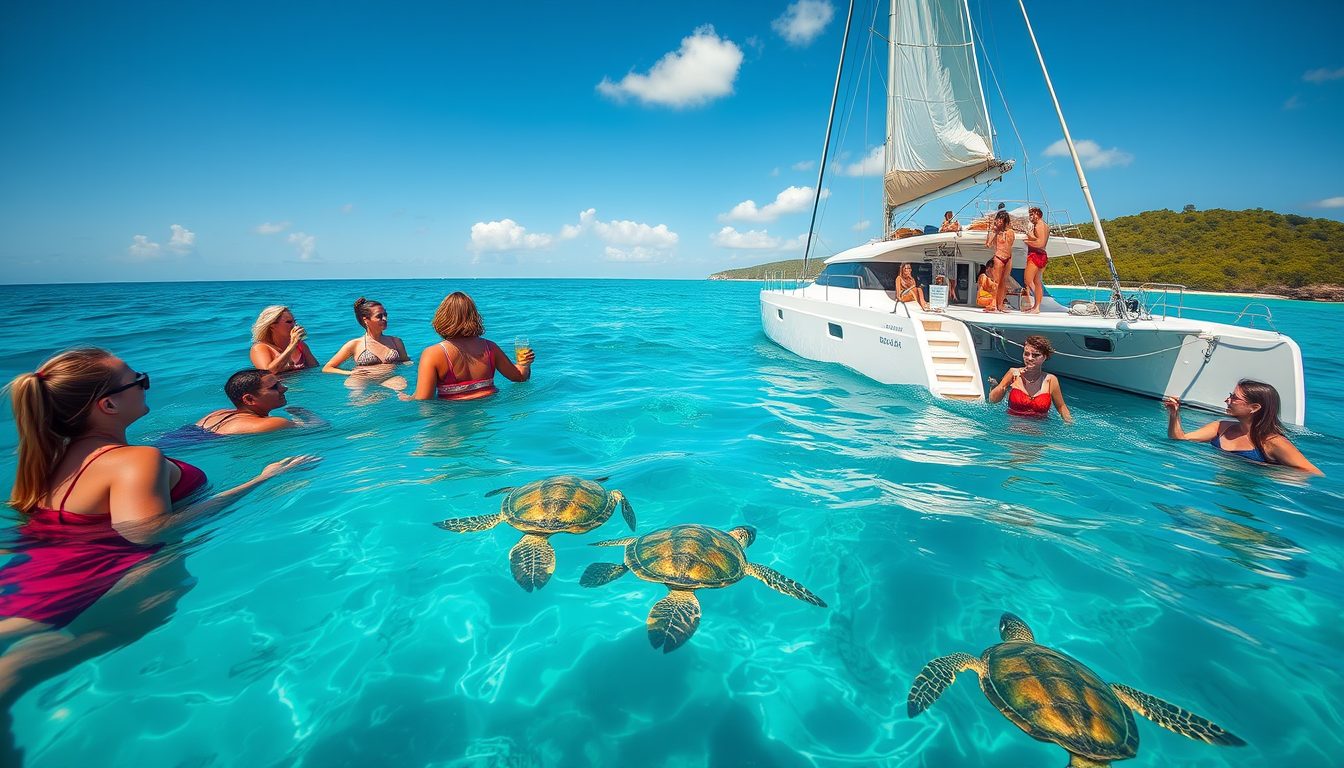 A photorealistic wide angle image of a large luxury catamaran sailing over clear turquoise waters