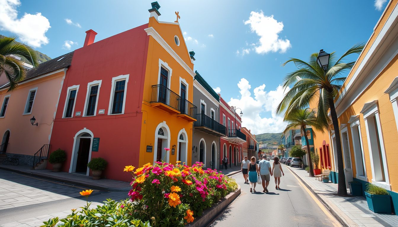 A photorealistic wide angle image of colorful historic buildings lining a quiet street in Charlestown