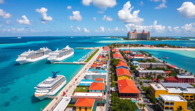 A stunning aerial view of the Nassau cruise port in the Bahamas showing multiple cruise ships docked