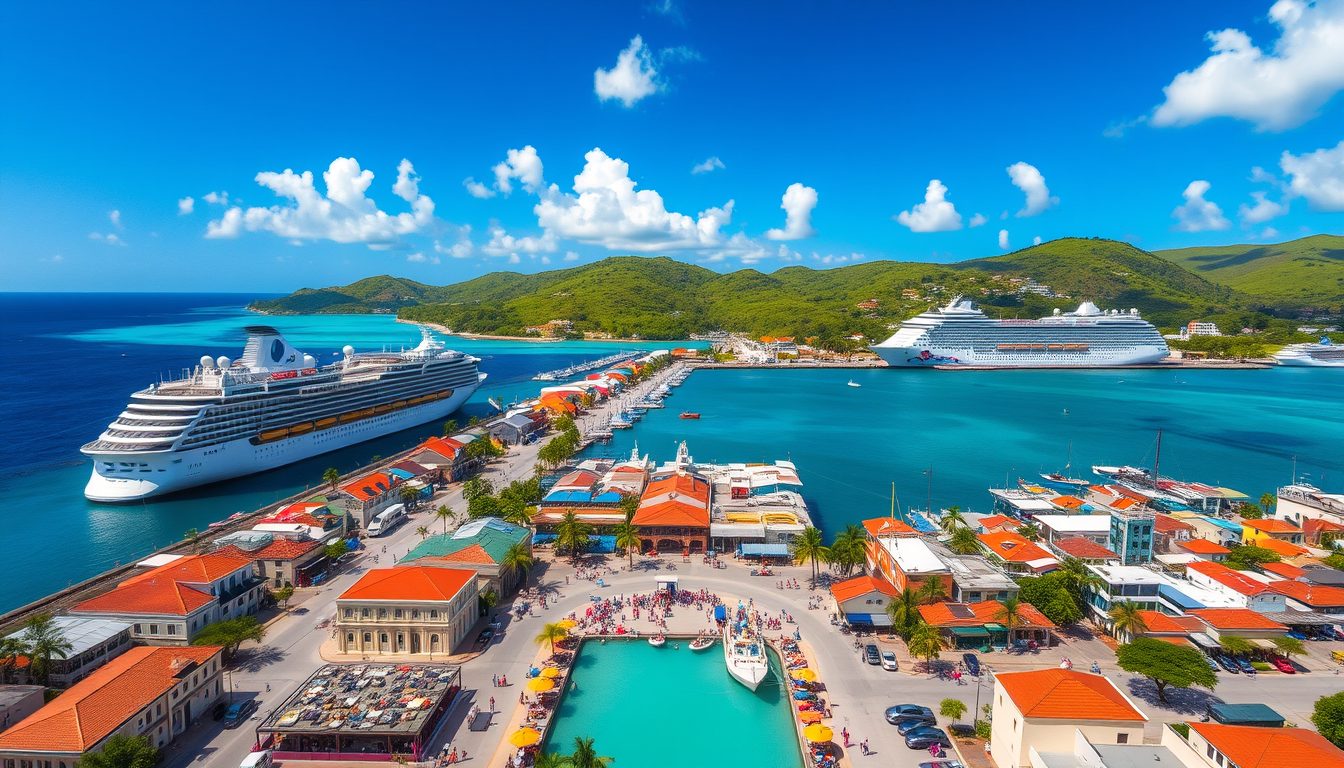 A stunning aerial view of the cruise port at St John s Antigua showcasing large docked cruise ships