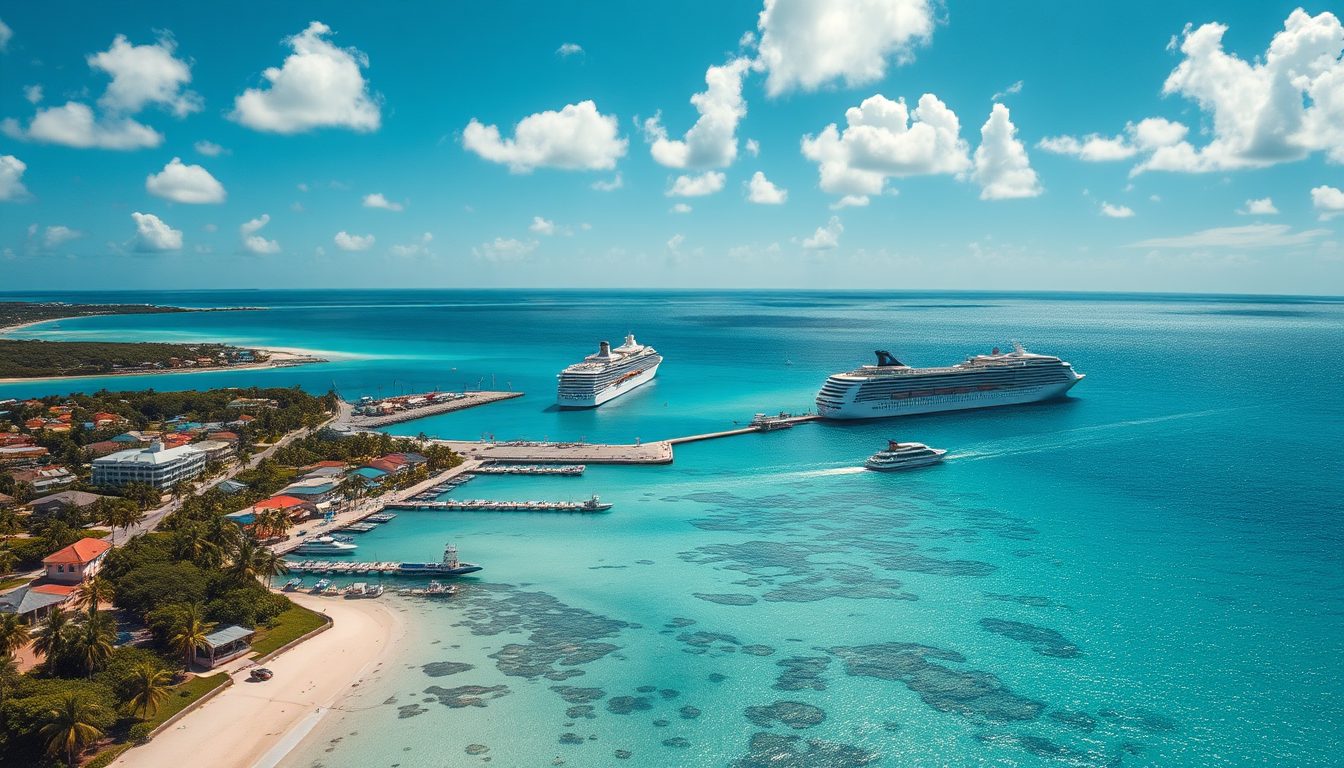 A stunning aerial view of the port at George Town Grand Cayman The crystal clear turquoise waters