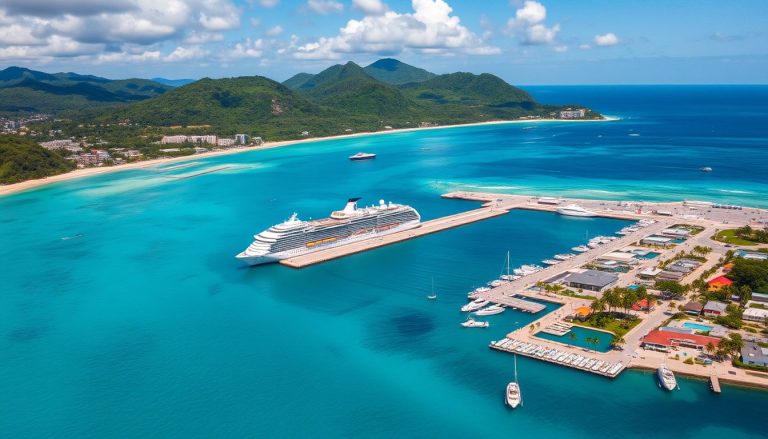 A stunning aerial view of the port at Montego Bay Jamaica featuring cruise ships docked at the terminal