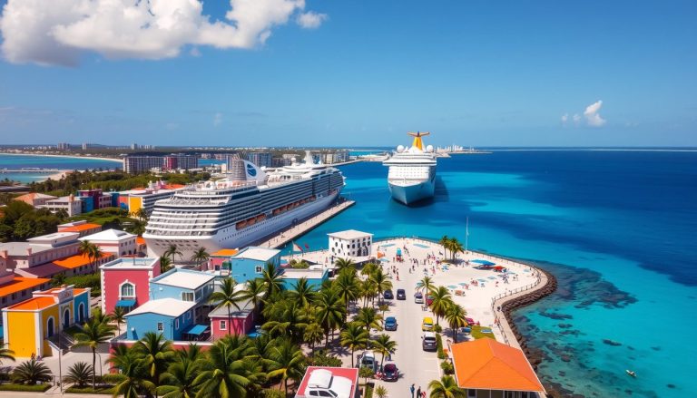 A vibrant aerial view of the cruise port in Oranjestad Aruba featuring massive cruise ships docked