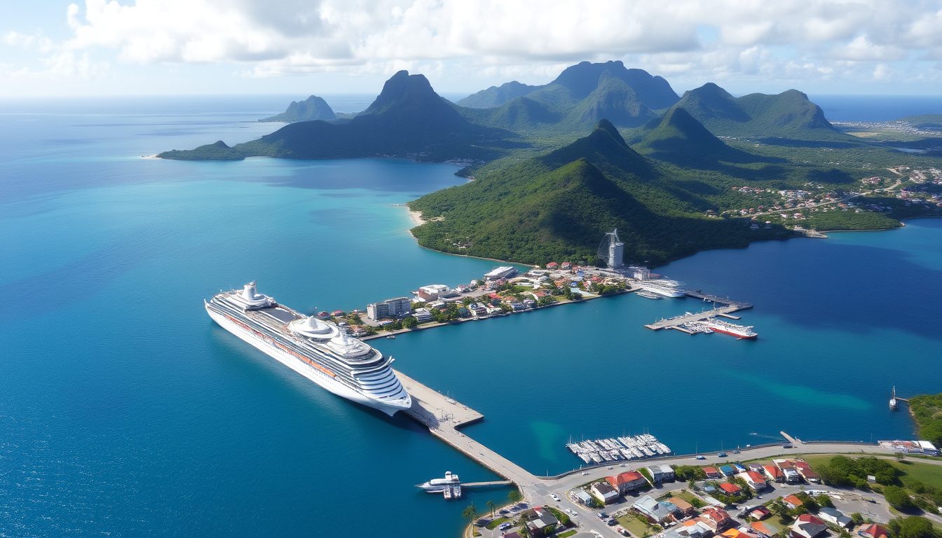An aerial view of the port at Castries St Lucia featuring cruise ships docked at the main terminal