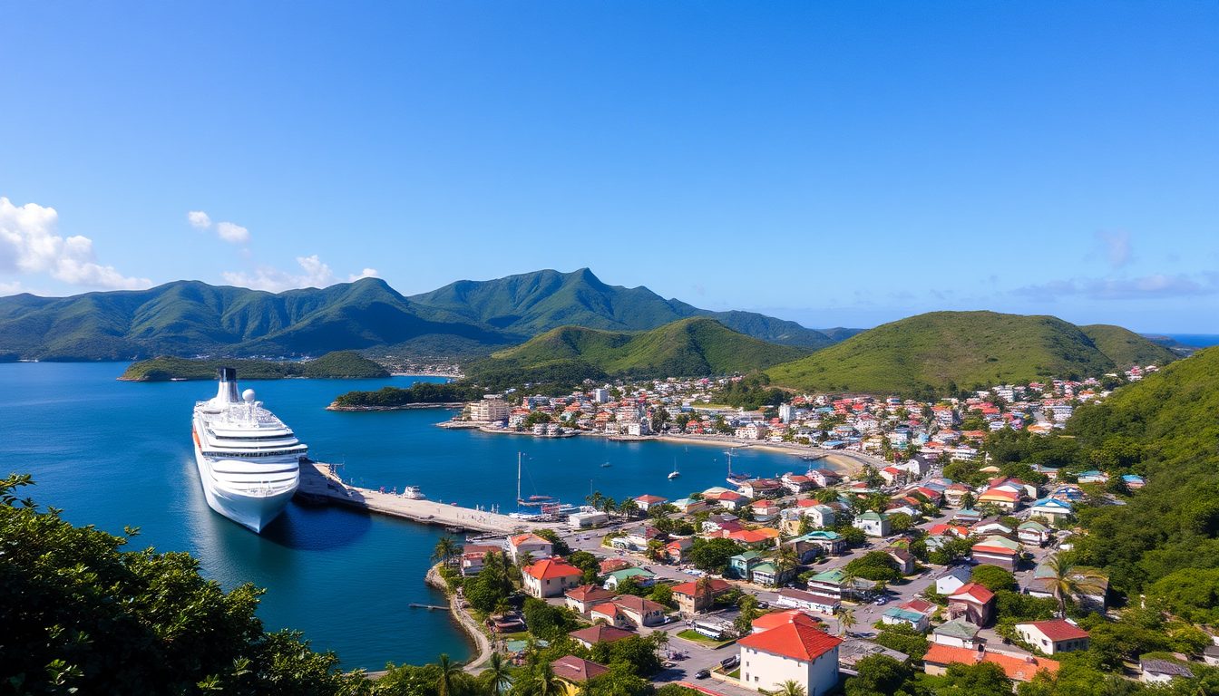 An aerial view of the port at Roseau Dominica showcasing a cruise ship docked at the waterfront terminal