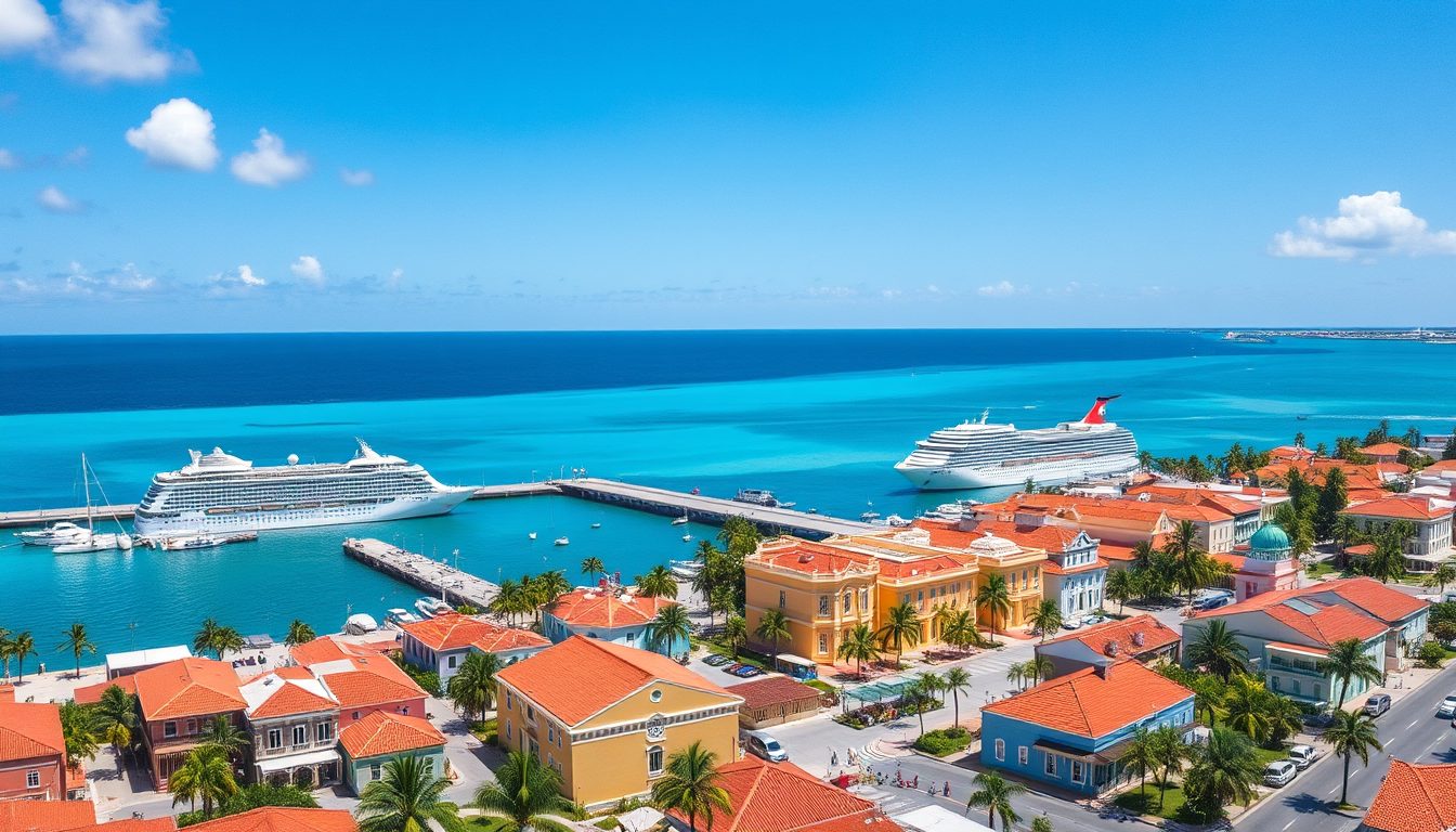 An aerial view of the port at Willemstad Cura ao capturing the vibrant pastel colored Dutch colonial