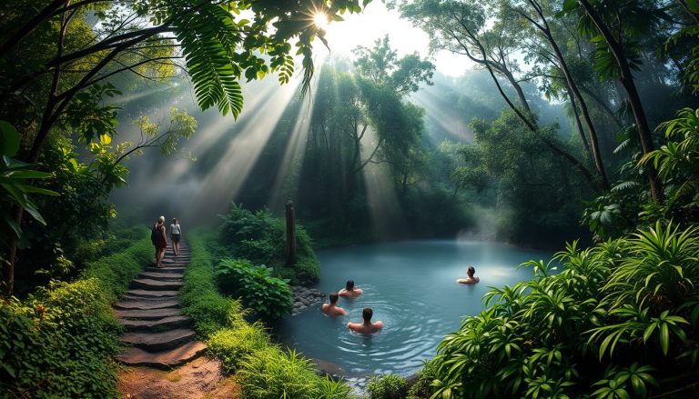 Photorealistic wide angle image of a serene tropical rainforest in Nevis featuring a small group