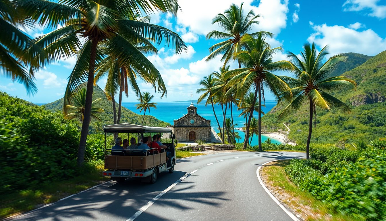 Photorealistic wide angle image of a tropical Nevis road winding through green hills and historic sites