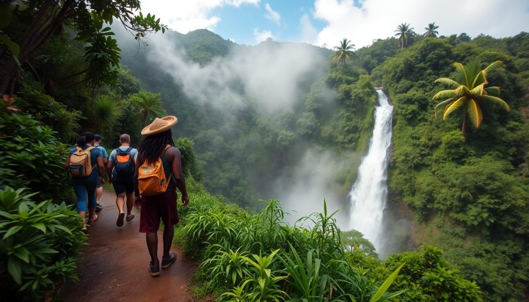 Photorealistic wide angle image of a vibrant Nevis rainforest trail with a small group of hikers
