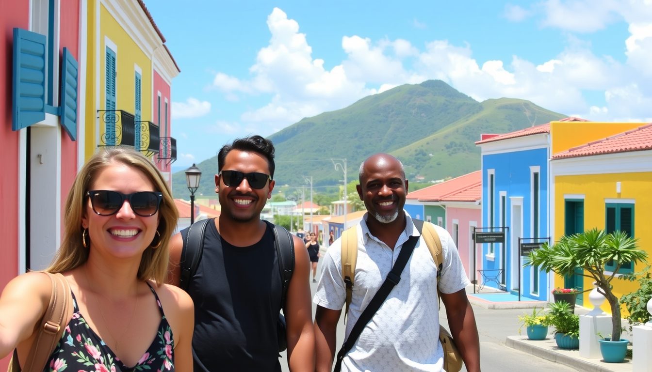 Smiling tourists exploring vibrant streets in St Kitts colorful colonial buildings green hills in the background