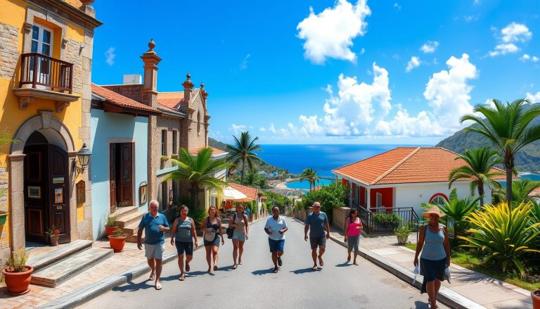 Wide angle photorealistic image of a guided small group tour walking along colorful colonial streets