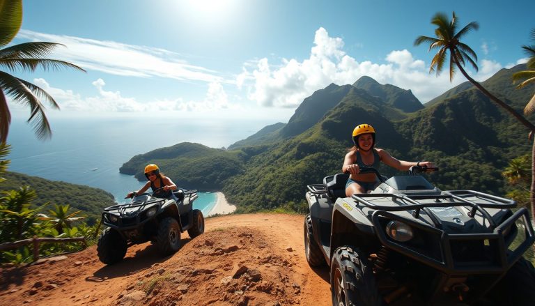 Wide angle photorealistic image of two UTVs driving along a rugged Nevis mountain trail with lush tropical vegetation