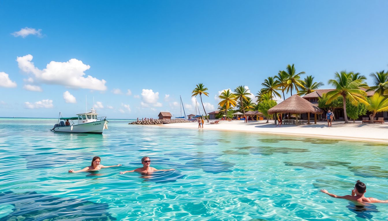 A bright sunny day with a boat anchored near a vivid coral reef, snorkelers in clear blue water