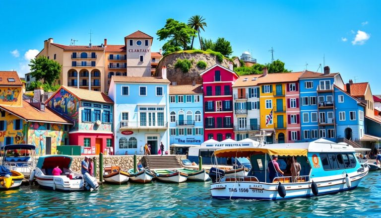 A colorful seaside village with a mural covered museum, a small group boarding a boat under a bright blue sky