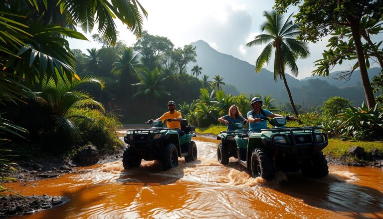 A group of four tourists riding ATVs across a muddy jungle trail in Puerto Plata surrounded by dense tropical vegetation