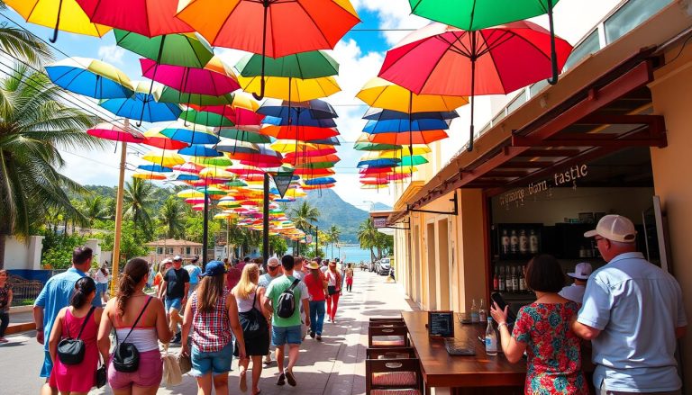 A colorful guided city tour in Puerto Plata featuring tourists walking Umbrella Street under vibrant sun