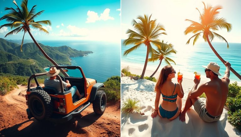 A couple driving a rugged Jeep Wrangler on a dusty off road trail in the hills of St Kitts panoramic views