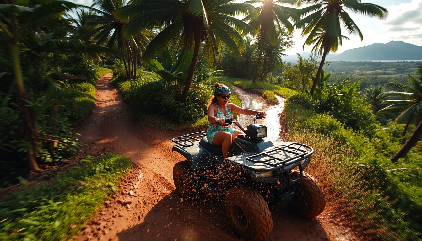 A cruise passenger riding a four wheel ATV through a muddy off road trail in the Dominican countryside