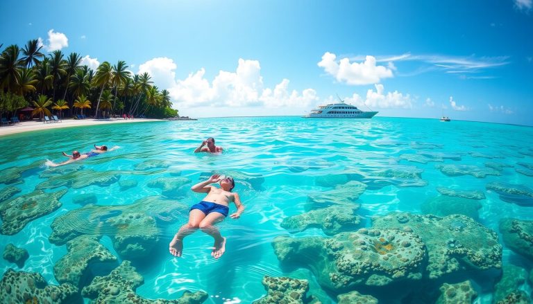 A crystal clear turquoise ocean with snorkelers exploring a vibrant coral reef lush Andros Island in the background