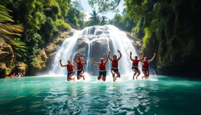 A group of active cruise passengers sliding and jumping through the lush 12 waterfalls of Damajagua