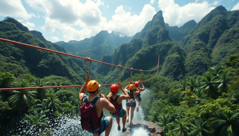 A group of cruise passengers ziplining over a jungle waterfall in Puerto Plata with tropical mountains