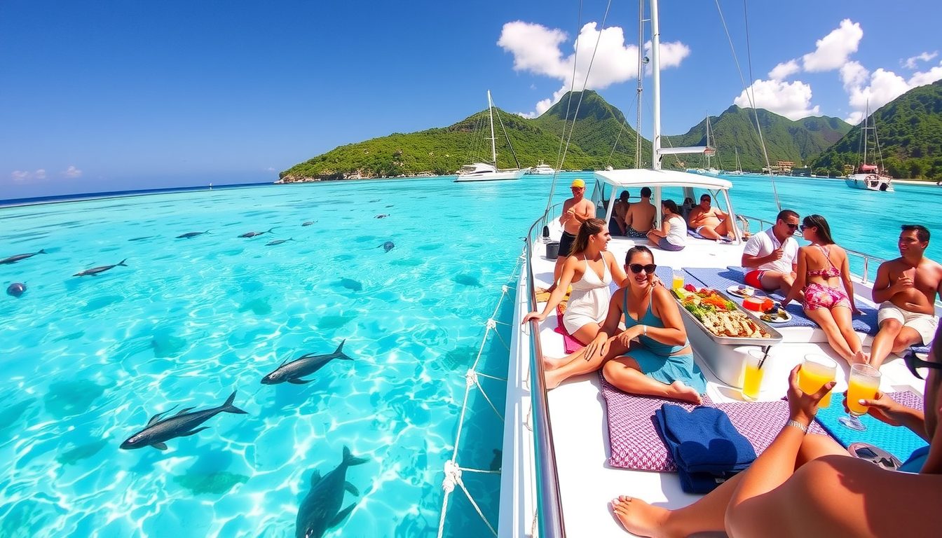 A luxury catamaran sailing along the St Kitts coastline with smiling guests snorkeling in clear turquise water