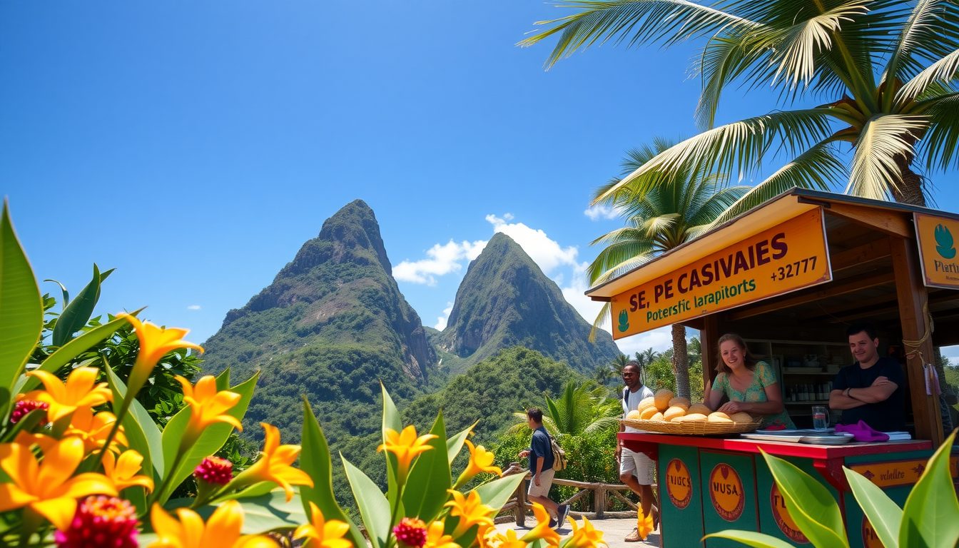 A photorealistic wide angle image capturing the lush hills of St Lucia with the towering Pitons rising dramatically against a clear blue sky