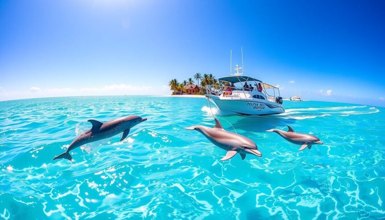 A photorealistic wide angle image of a crystal clear tropical ocean with a small tour boat floating peacefully