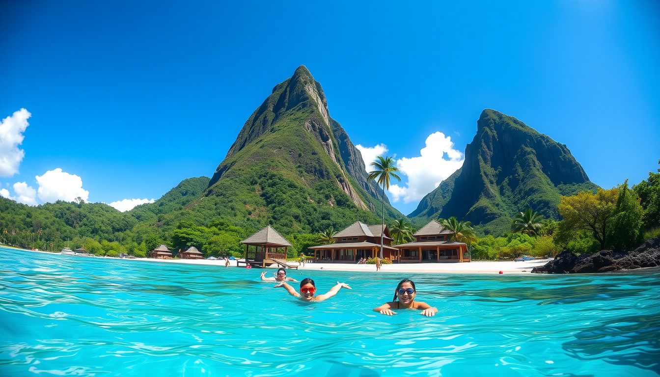 A photorealistic wide angle image of the towering Pitons in St Lucia rising dramatically from the lush jungle
