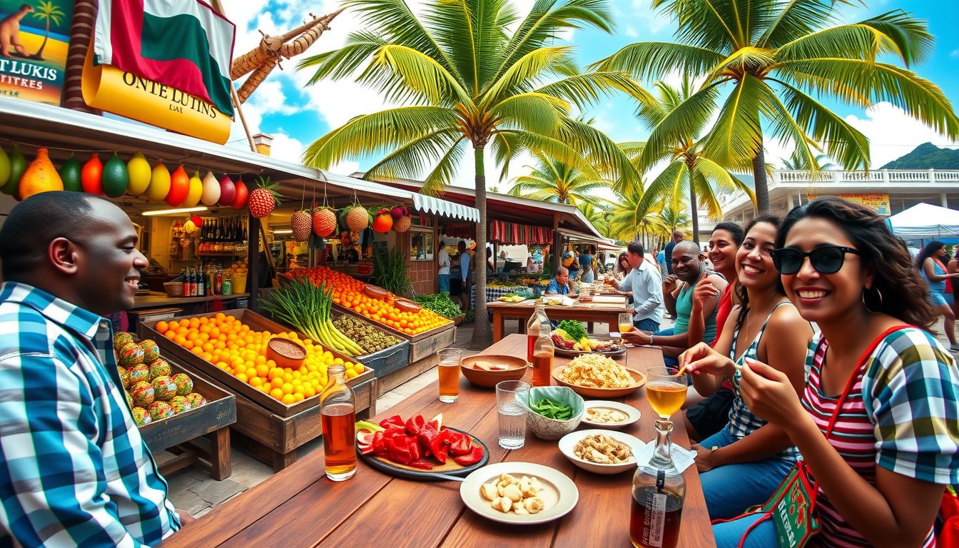 A photorealistic wide angle image showing a colorful St Lucian market filled with tropical fruits and palm trees