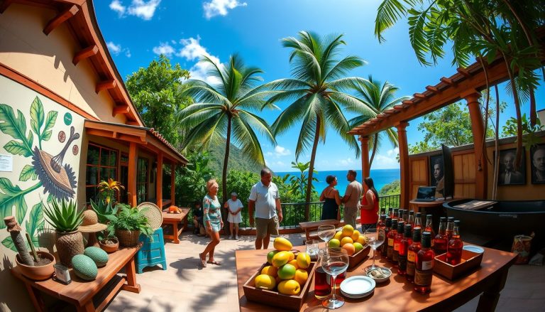 A photorealistic wide angle image showing a colorful cultural center in St. Lucia with displays of traditional medicinal plants