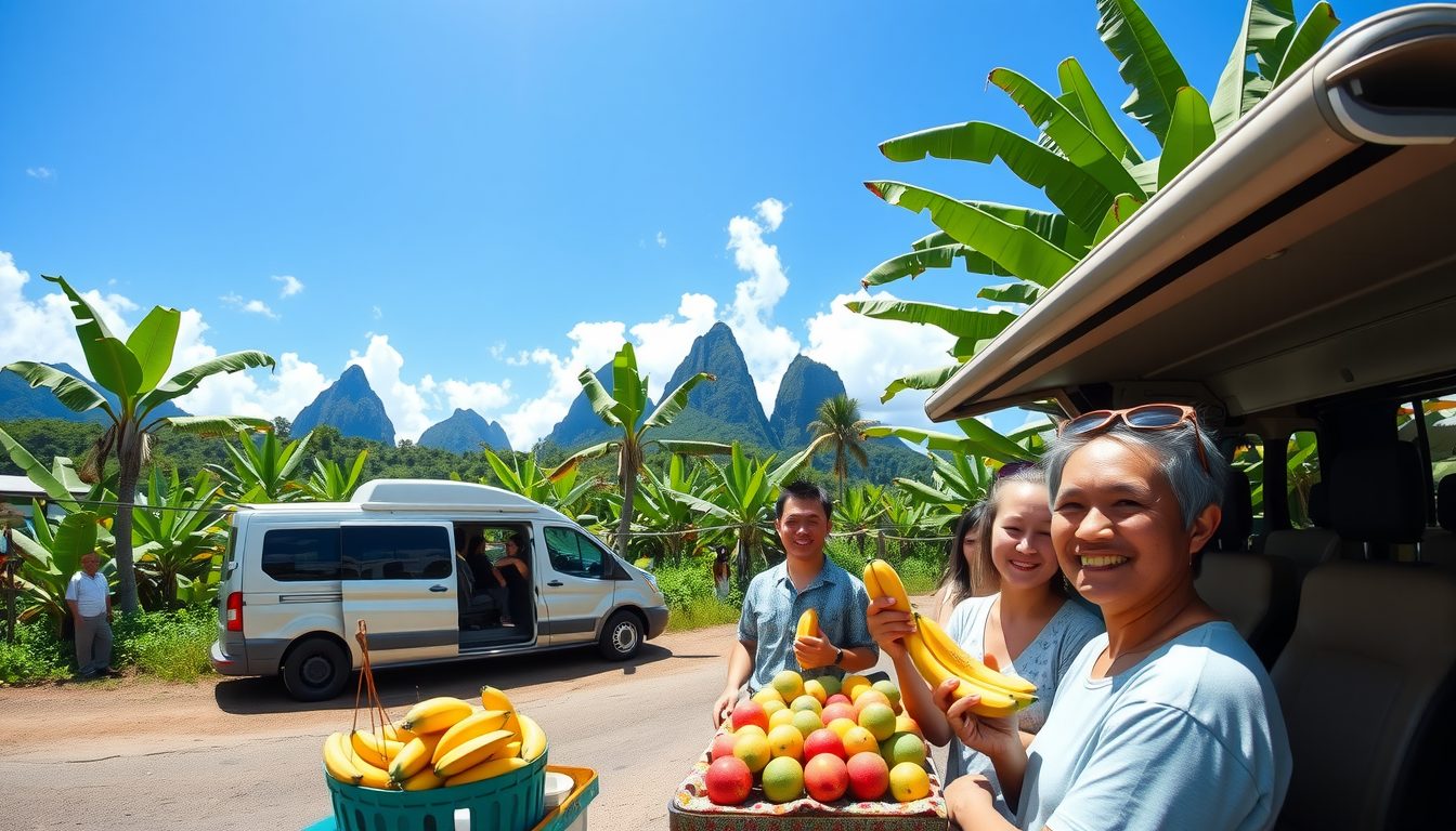 A photorealistic wide angle image showing a private tour van parked near lush banana plantations with views of the Pitons in the distance
