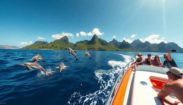 A photorealistic wide angle image showing a sleek tour boat cruising through calm blue waters under sunny skies