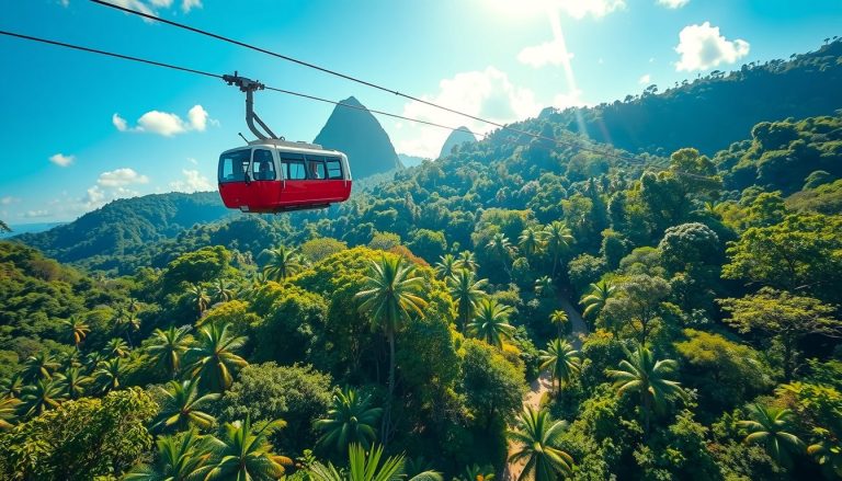 A photorealistic wide angle image showing an aerial tram gliding nearby soaring high above a dense forest