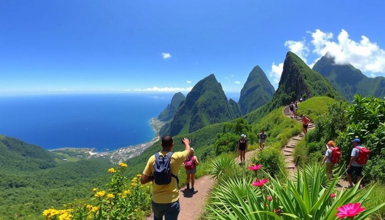 A photorealistic wide angle image showing hikers walking along a lush green nature trail with stunning view