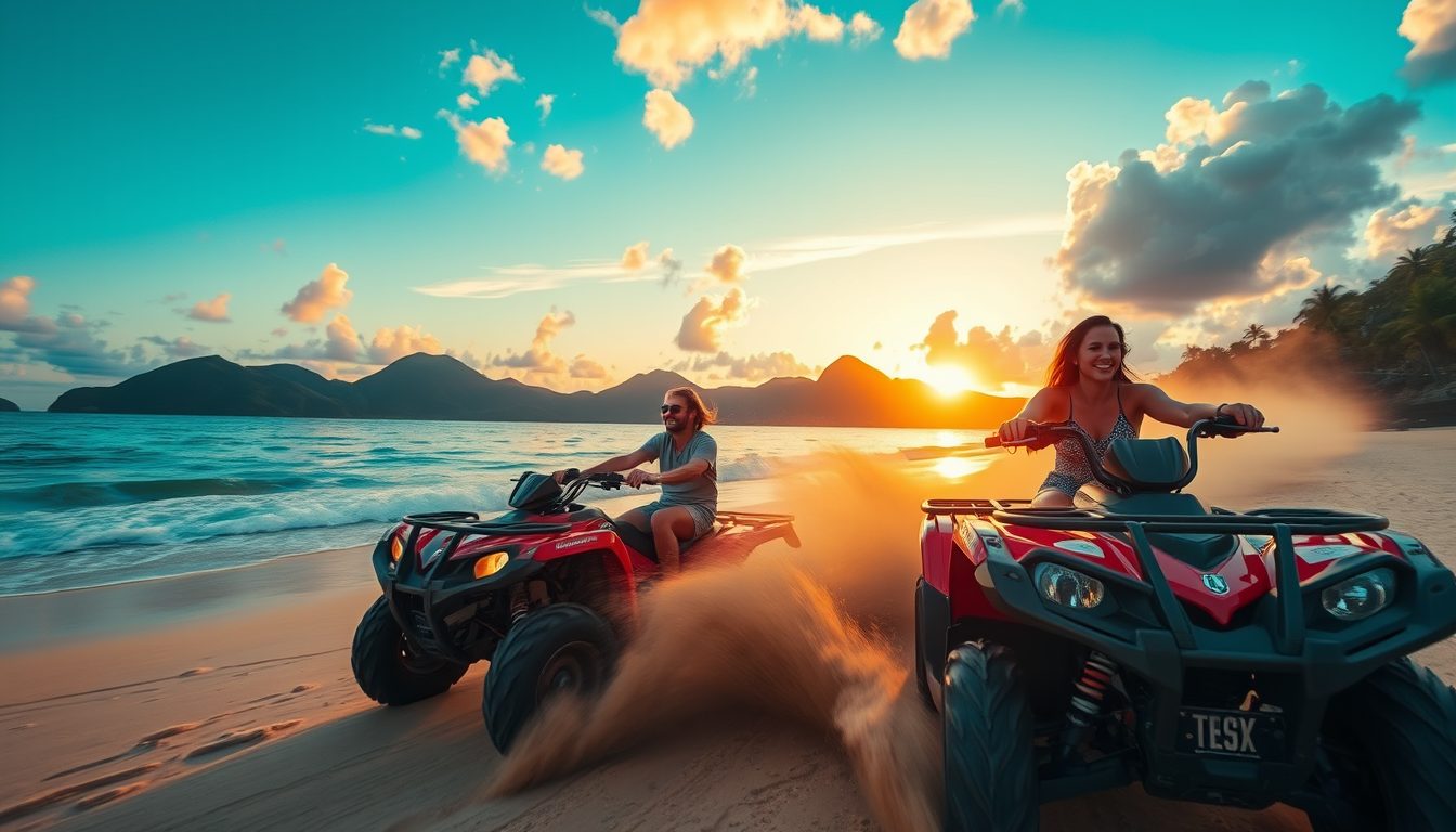 A photorealistic wide angle image showing two ATVs kicking up dust as they ride along a tropical Nevis beach
