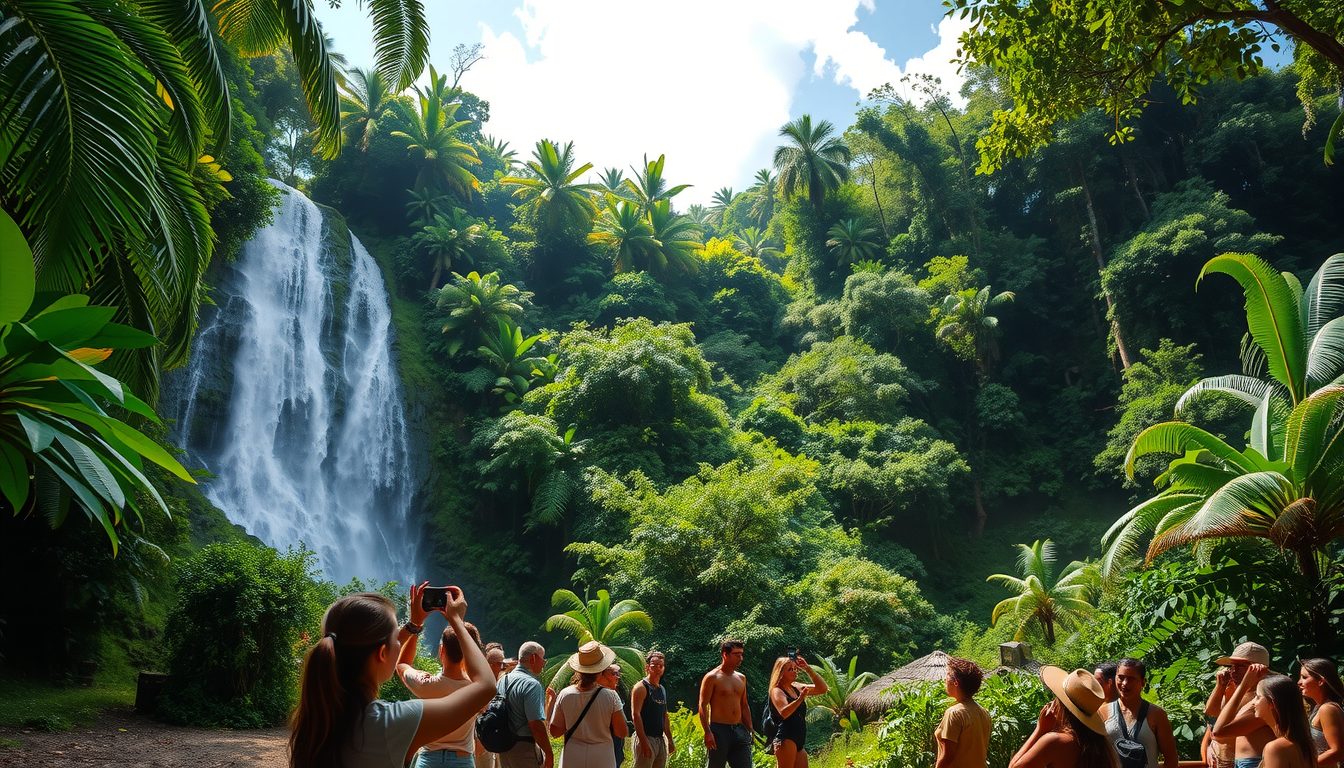 A photorealistic widescreen image of Concord Waterfall cascading through a lush green jungle setting