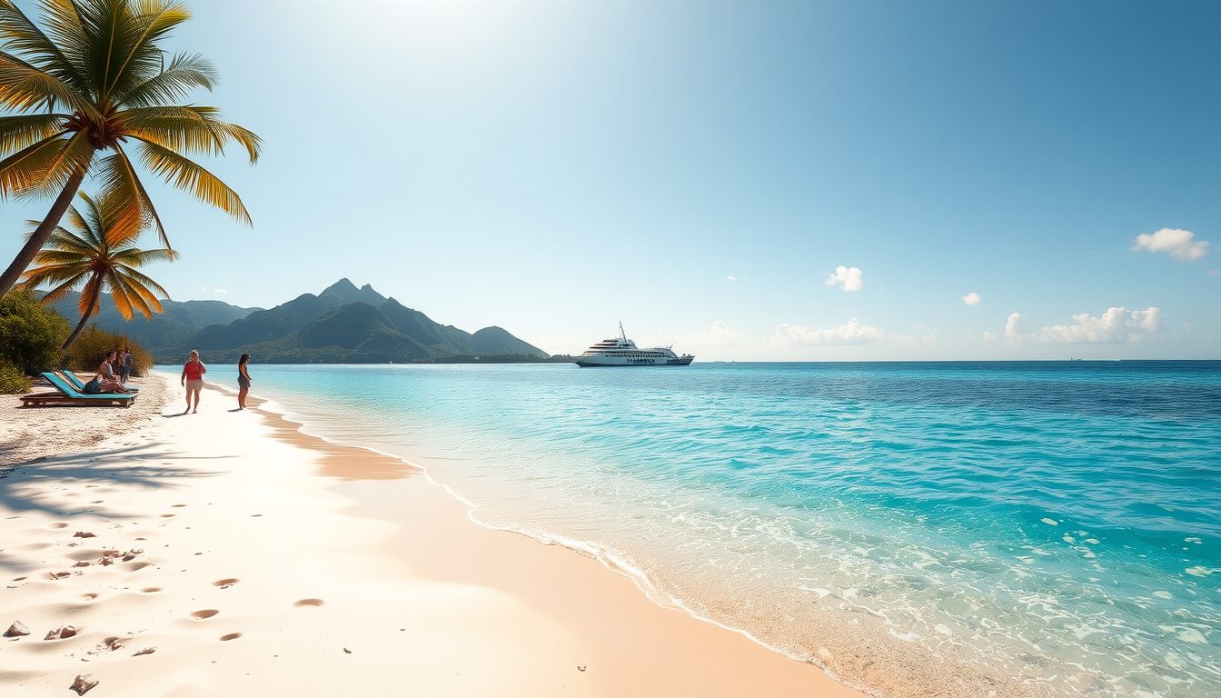 A photorealistic widescreen image of Trunk Bay Beach on St John Soft white sand curves into turquois water