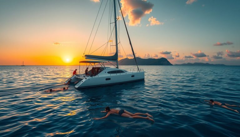 A photorealistic widescreen image of a catamaran anchored in calm Caribbean waters People are snorkeling