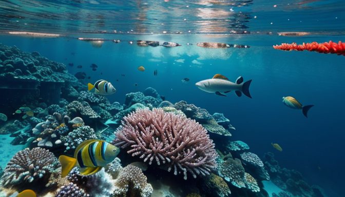 A photorealistic widescreen image of a glass bottom boat floating above Buccoo Reef in Tobago