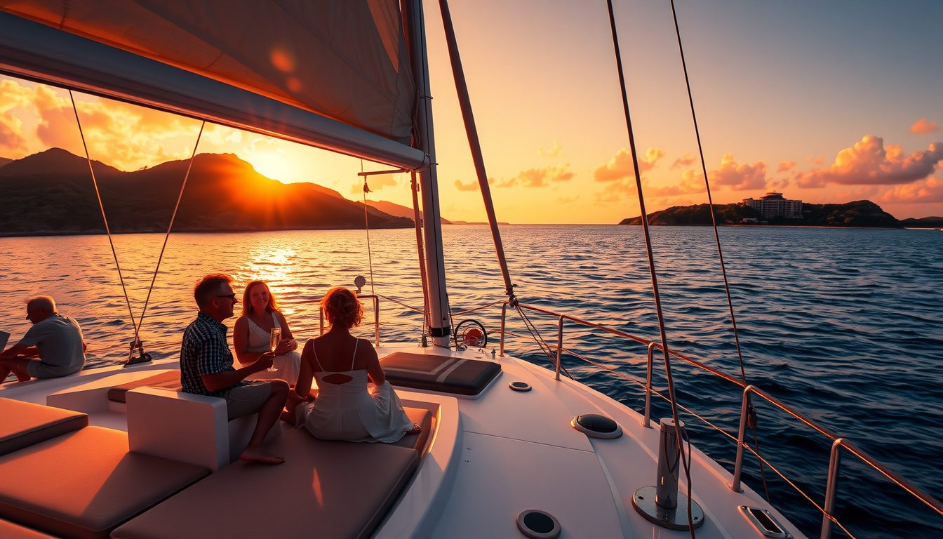 A photorealistic widescreen image of a luxury catamaran sailing off the coast of St John at sunset